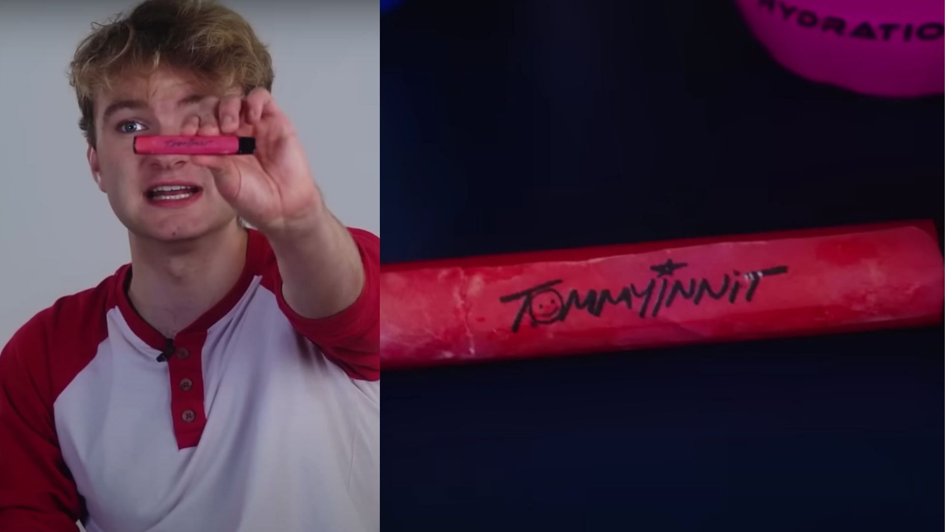 A closeup of TommyInnit's parody of Lunchly, Vapely, which is marketed as a "healthy vape" (Images via TommyInnit/YouTube)